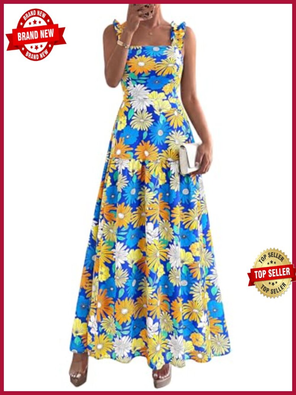Women's Floral Maxi Dress Square Neck Smocked Formal Wedding Guest